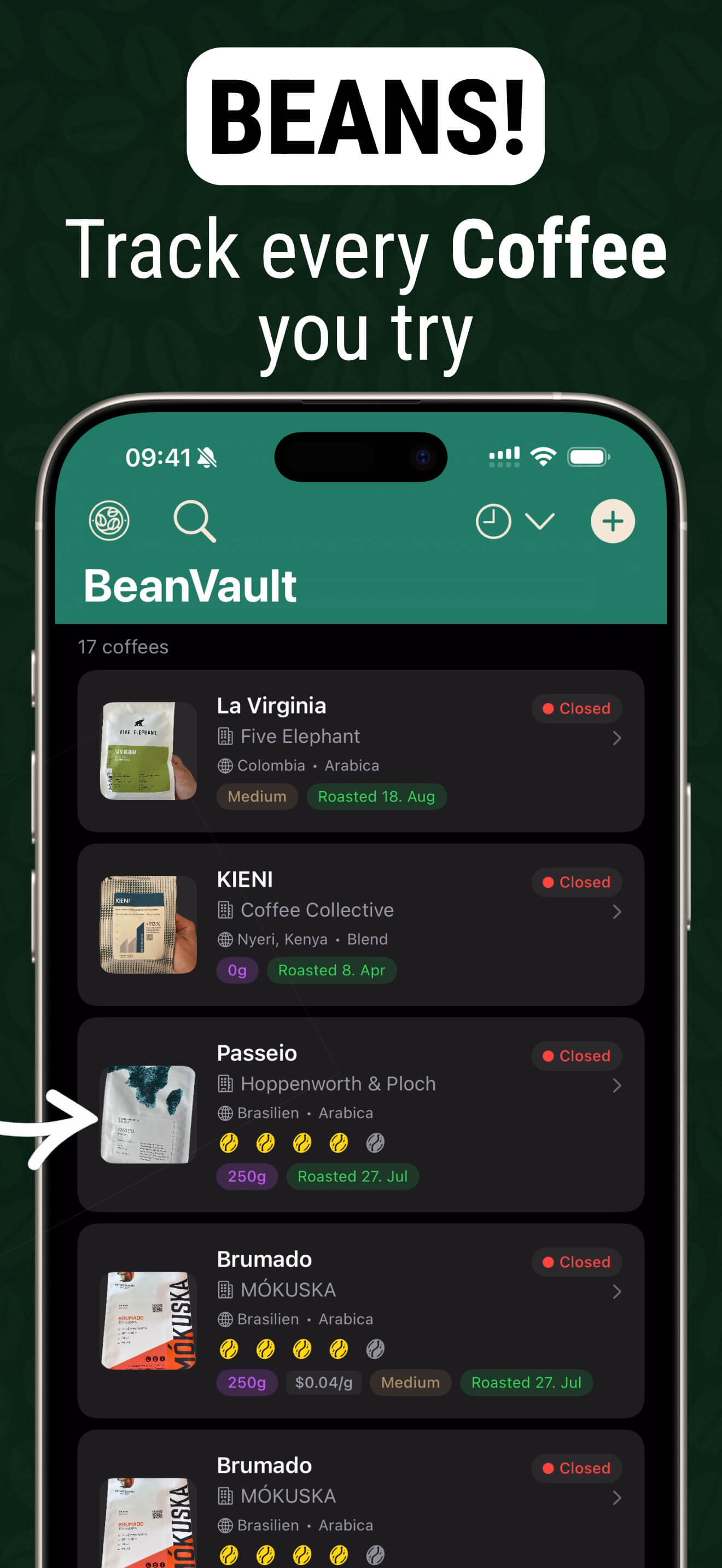 BeanVault list - track every coffee you try