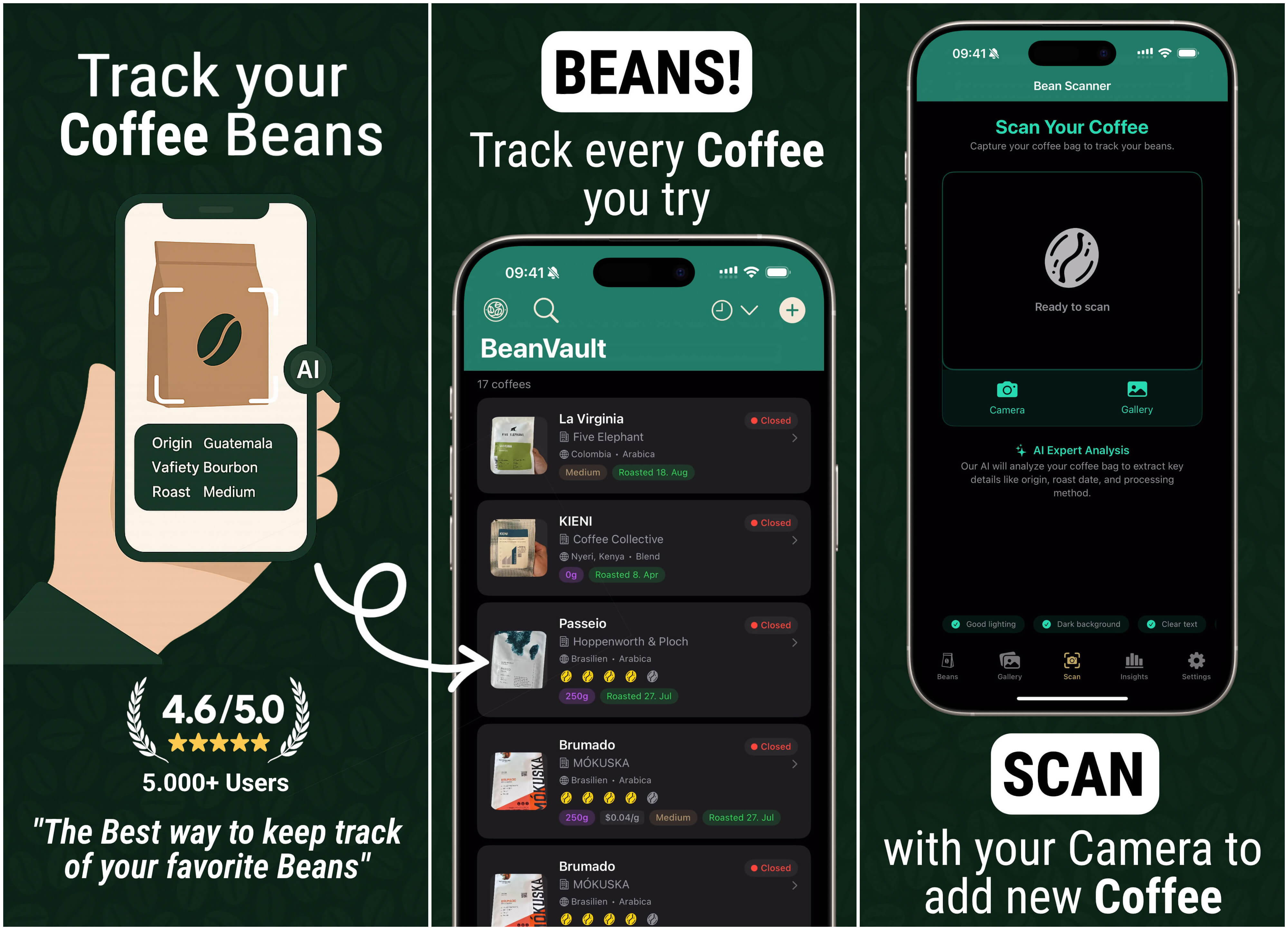 BeanVault app hero collage showing scanning and bean list